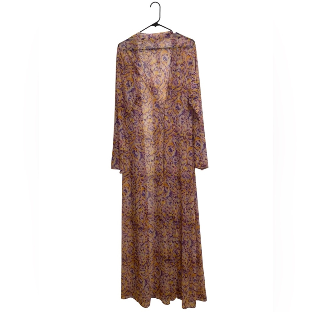 Savage X Fenty Sheer Kimono Robe, Lace Up Back, Yellow & Purple, Womens M /L - Picture 6 of 7